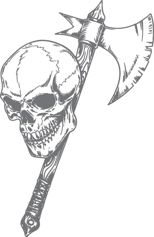 Grey Scale Hand Drawn Illustration of a Human Skull and a Battle Axe with a Wooden Handle Wrapped in Cordage the Skull is Positioned Behind the vector