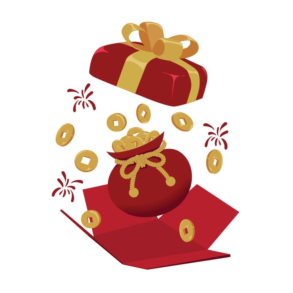 illustration of an open red gift box with gold money pouch and coins, symbolizing wealth and prosperity. Ideal for Chinese New Year, prosperity celebration, or festive cultural designs. vector