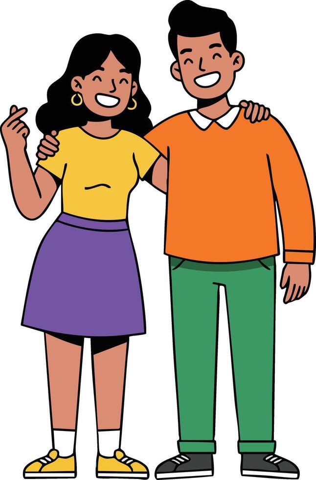 Young happy friends smiling together in casual colorful clothes standing arm in arm illustration vector