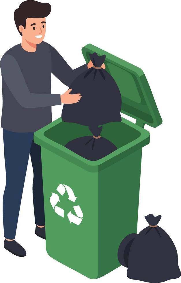 Man disposing black garbage bags into green recycling bin with recycling symbol illustration vector