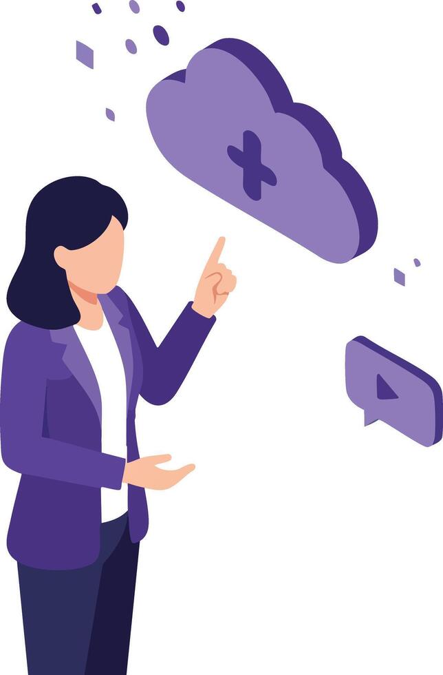 Businesswoman interacting with purple cloud cancellation icon in digital interface illustration vector