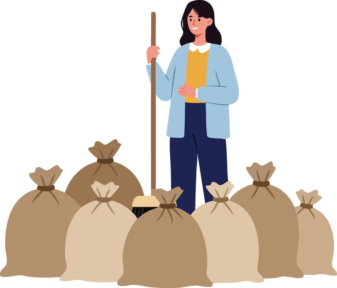 Woman standing with broom surrounded by multiple full garbage bags in cleaning scene illustration vector