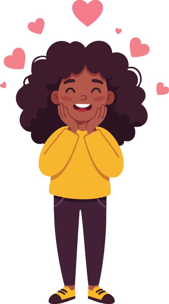 Happy girl with curly hair expressing love and joy with hearts around in yellow sweater and black pants illustration vector