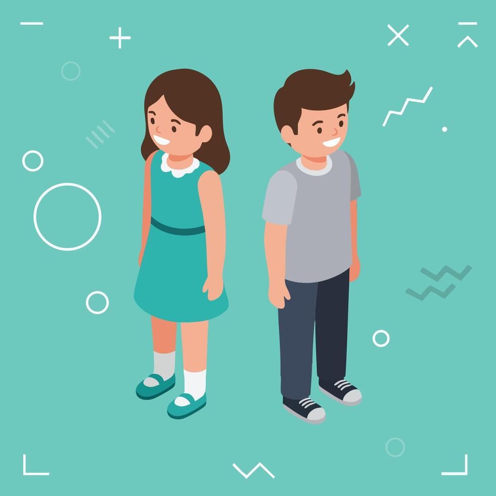 Children standing together smiling boy and girl in casual clothes illustration with teal background vector