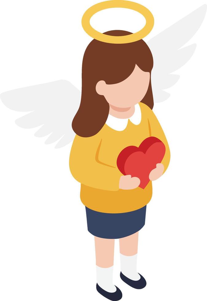 Child angel holding red heart symbol of love in yellow sweater with halo and wings illustration vector