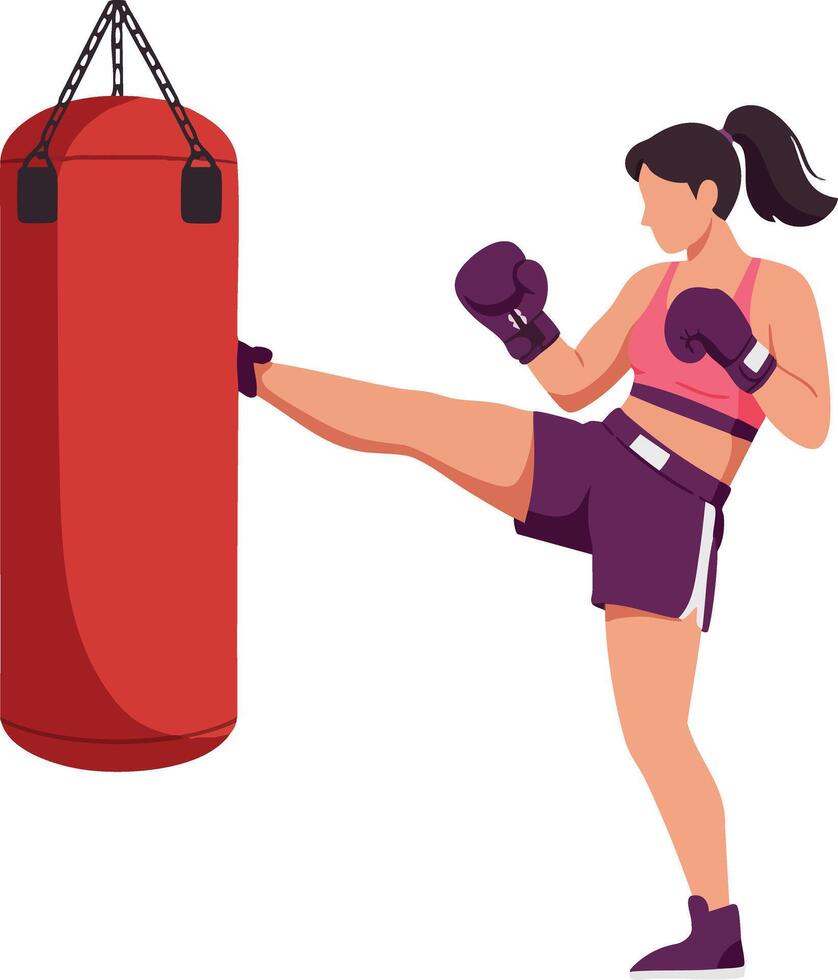 Woman practicing kickboxing with red punching bag fitness training illustration vector