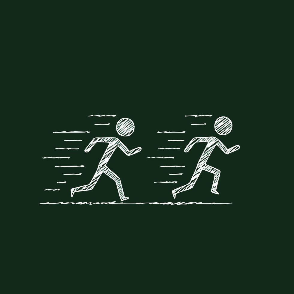 Running stick figures in motion speed concept chalkboard style illustration with green background and white chalk lines vector
