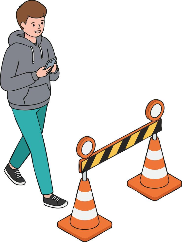 Young man walking near orange traffic cones and safety barrier checking mobile phone illustration vector