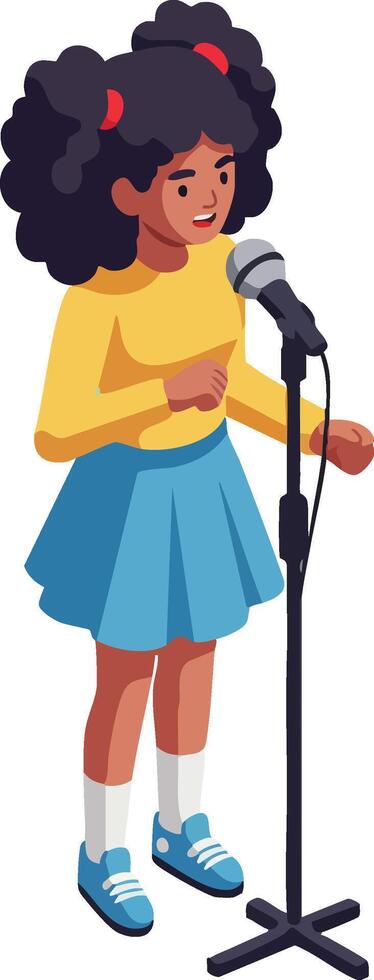Young girl singing into microphone on stand performing music with curly hair and casual clothes illustration vector