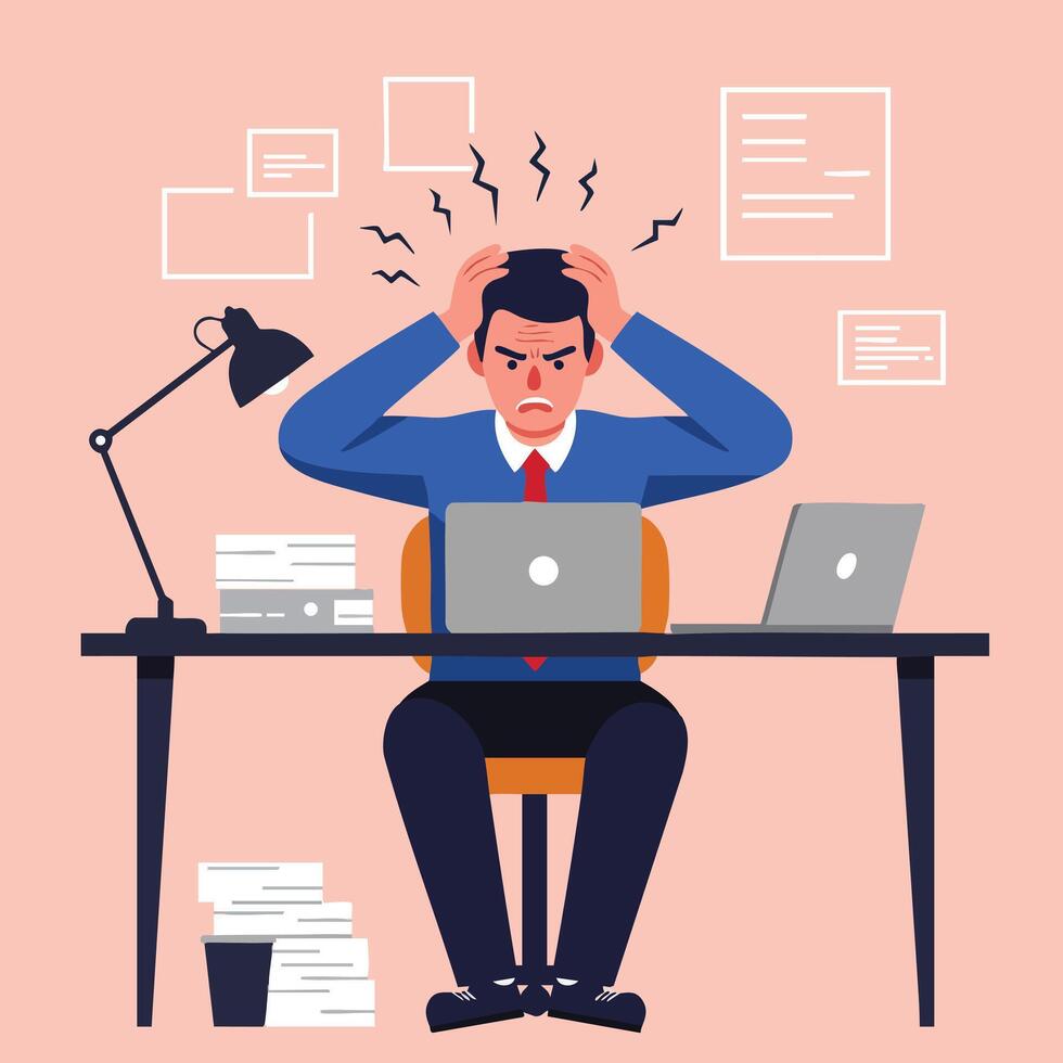 Stressed businessman sitting at office desk working on laptop with papers and lamp illustration vector