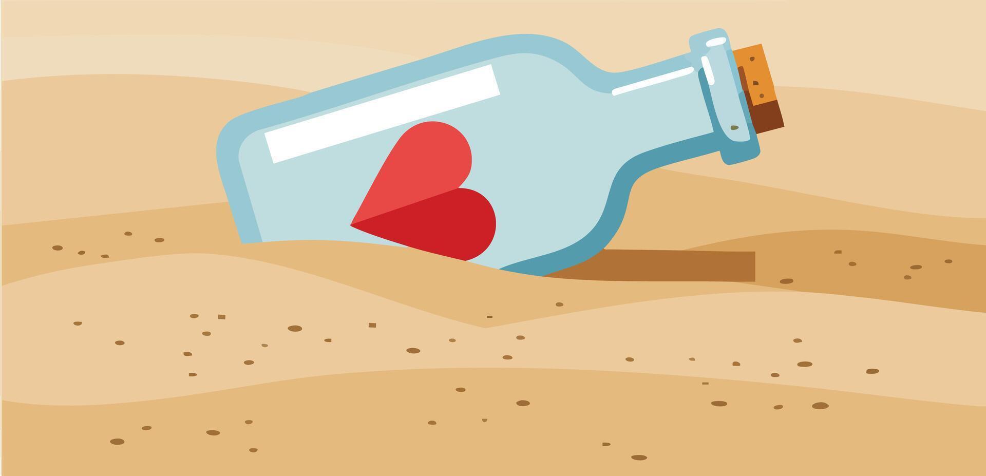 Message in a Bottle with Red Heart on Sandy Beach Illustration Romantic Love Concept vector
