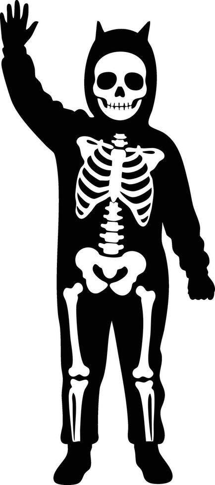 Child wearing skeleton costume with devil horns waving hand Halloween celebration illustration vector