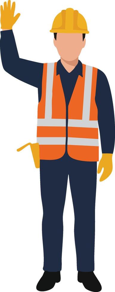 Construction worker in safety vest and helmet signaling with raised hand illustration vector