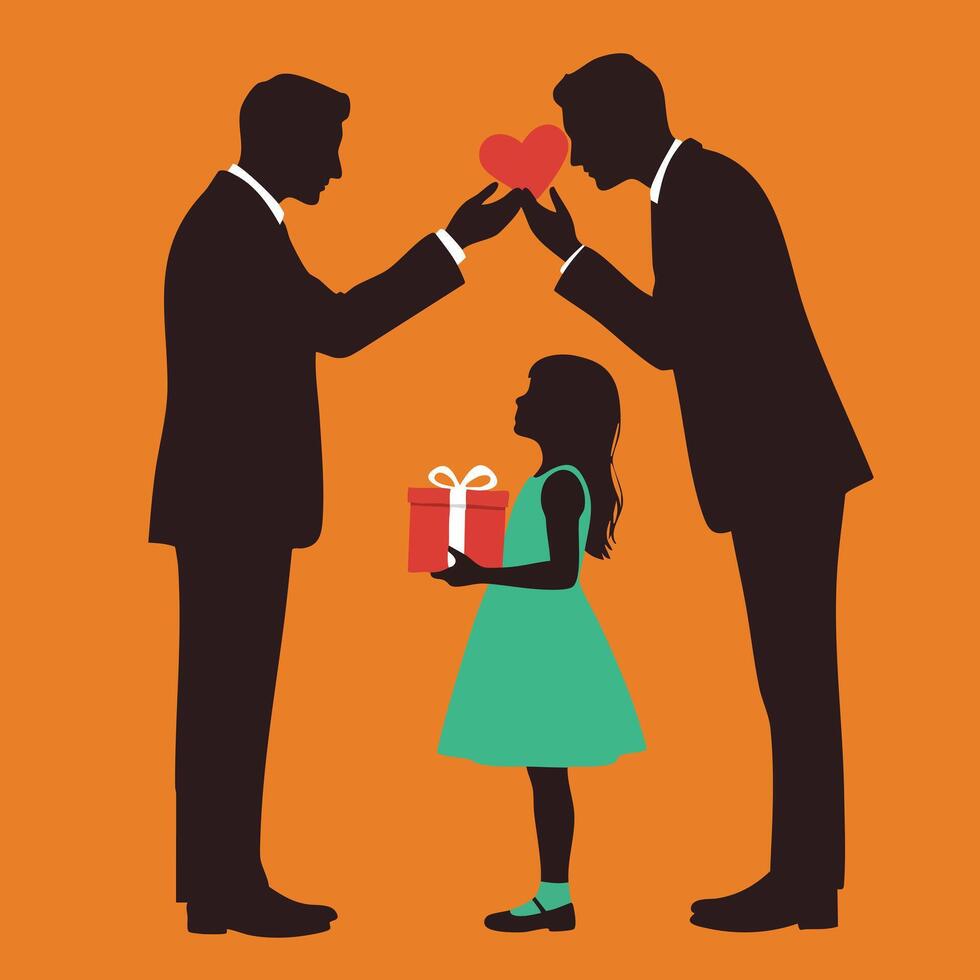 Silhouette of Girl Giving Gift to Two Men in Suits with Heart Symbol on Orange Background Illustration vector