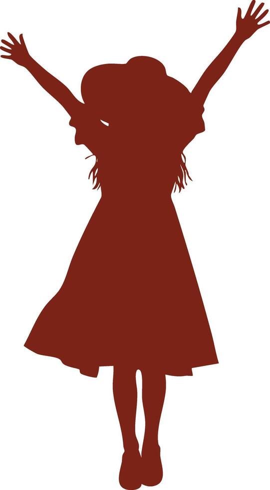 Silhouette of joyful girl with hat raising arms in dress illustration in brown color vector