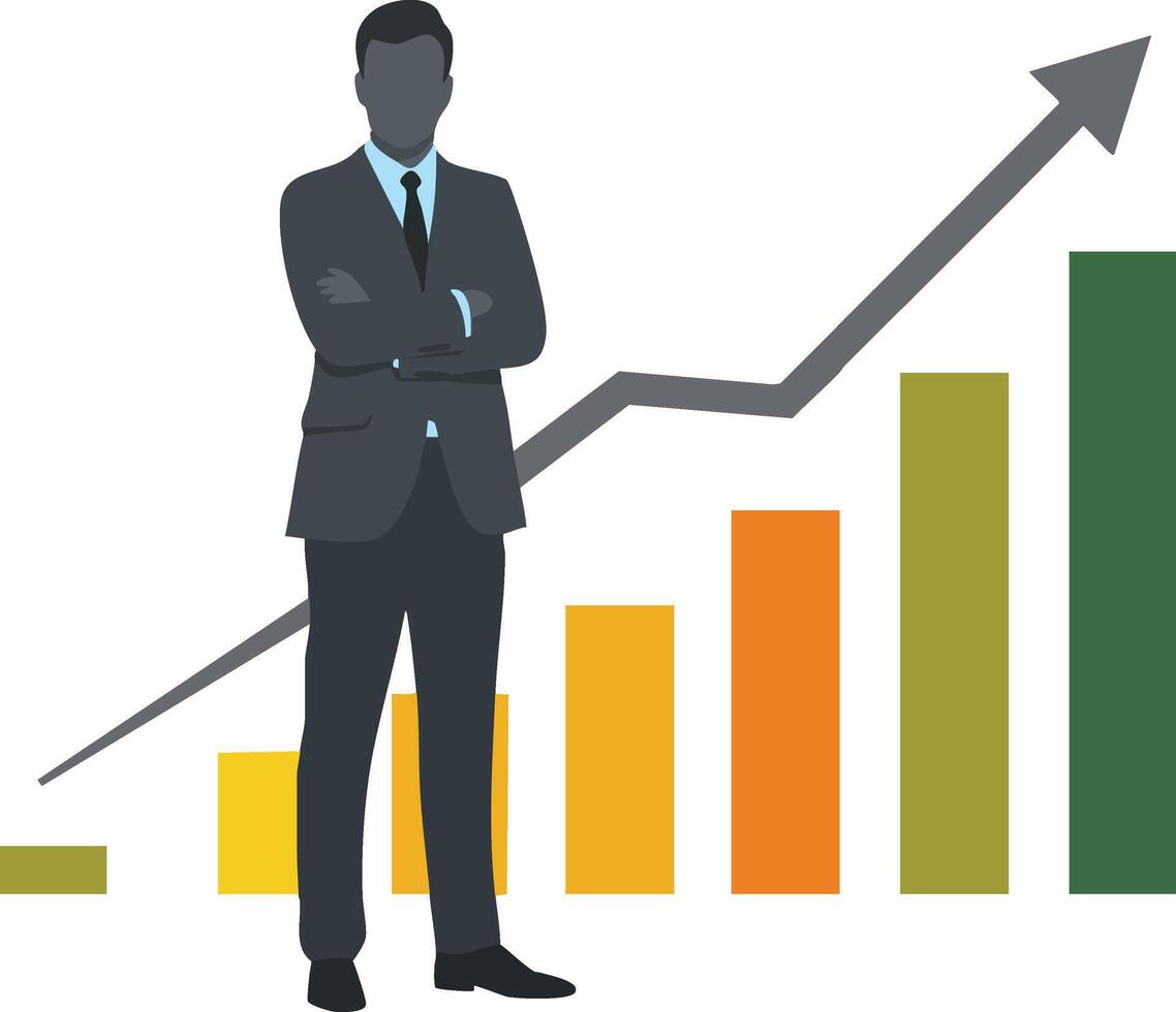 Businessman standing in front of ascending bar graph with arrow showing growth and success in corporate environment vector