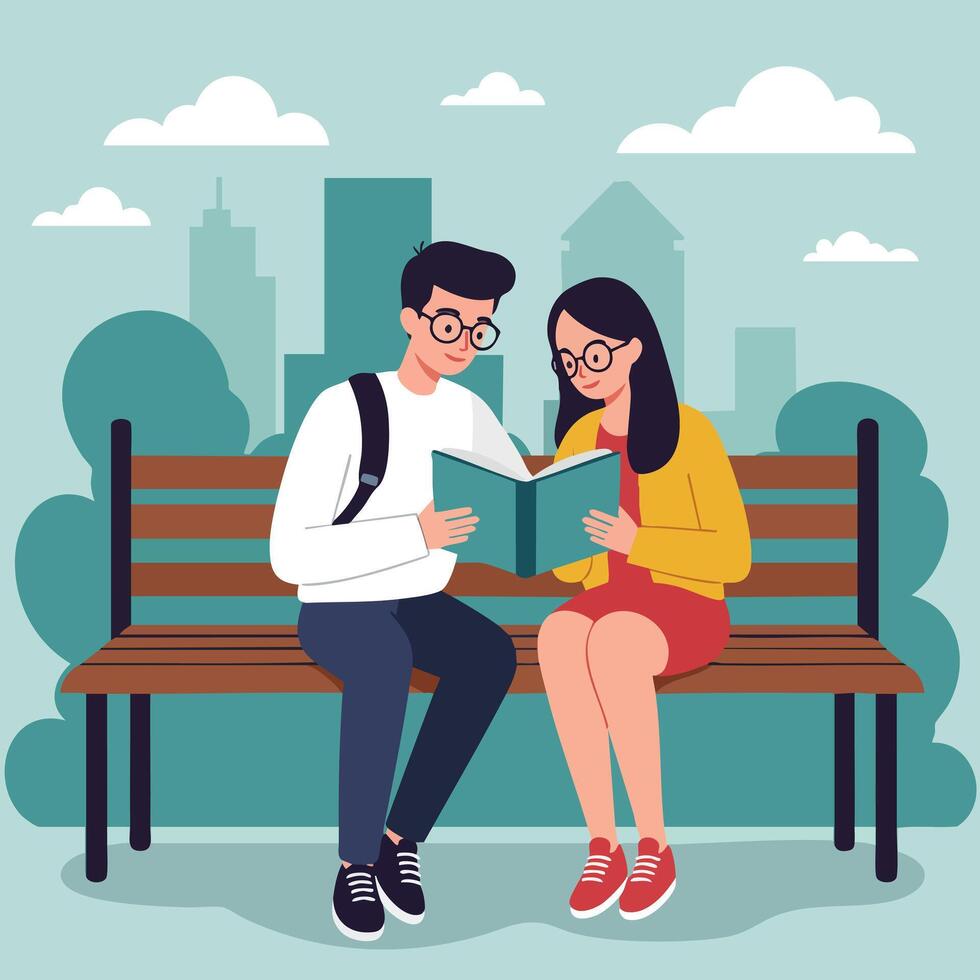 Young couple reading book together on park bench urban background in illustration vector