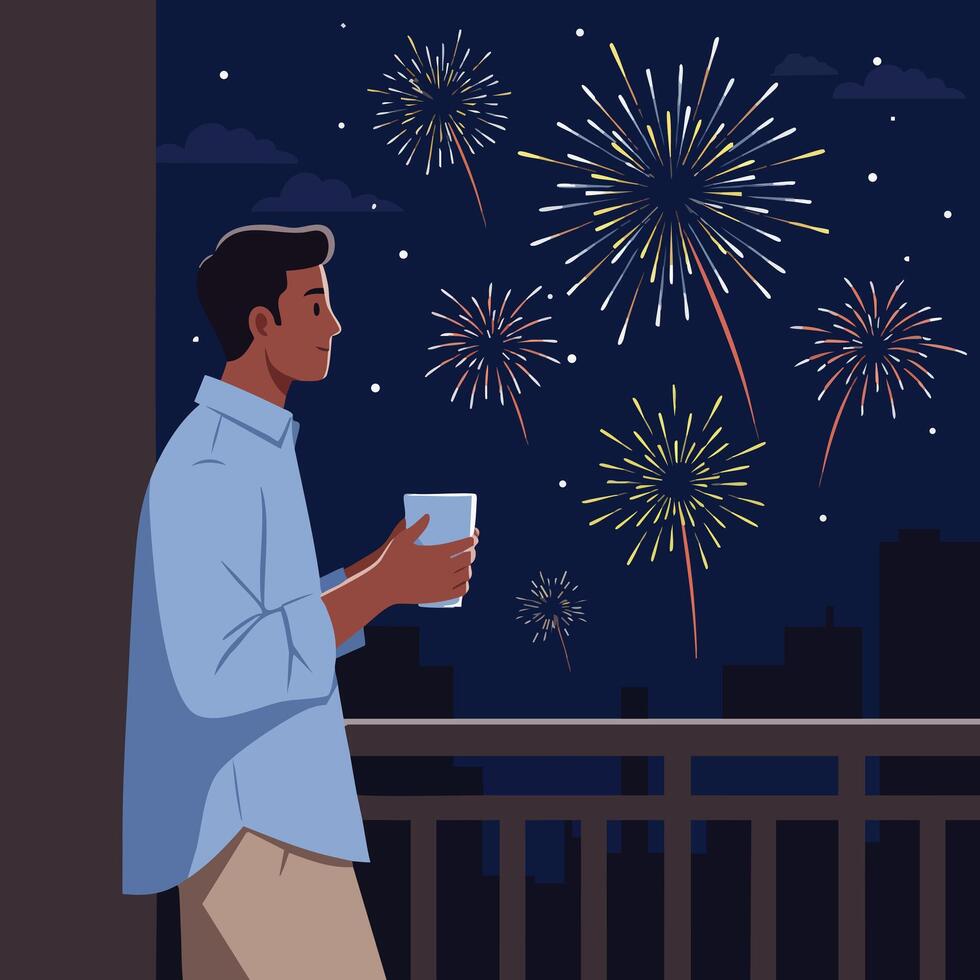 Man watching colorful fireworks holding a cup on balcony at night illustration vector