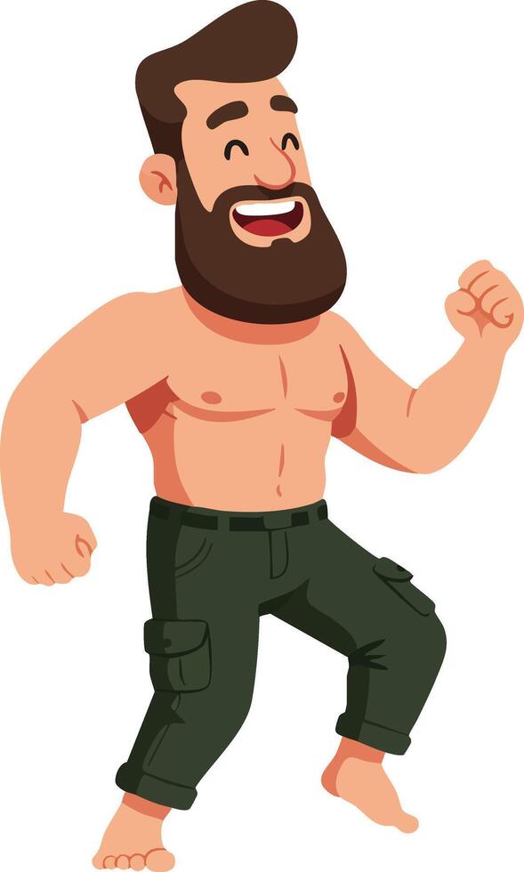 Muscular bearded man with bare chest wearing green cargo pants dancing happily illustration vector