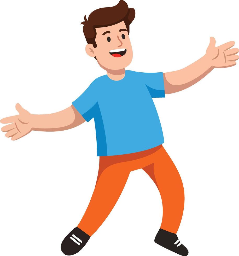 Happy young boy smiling with open arms wearing blue t-shirt and orange pants cheerful character design illustration vector