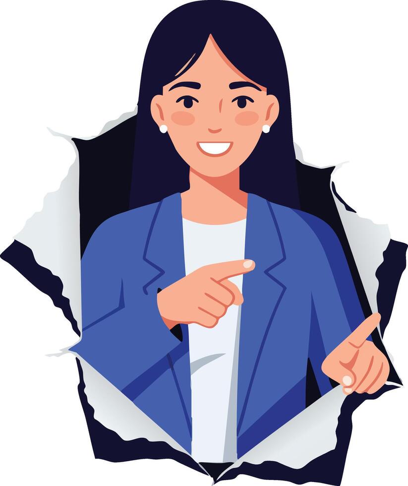 Businesswoman in blue jacket pointing through torn paper hole illustration with smiling expression vector