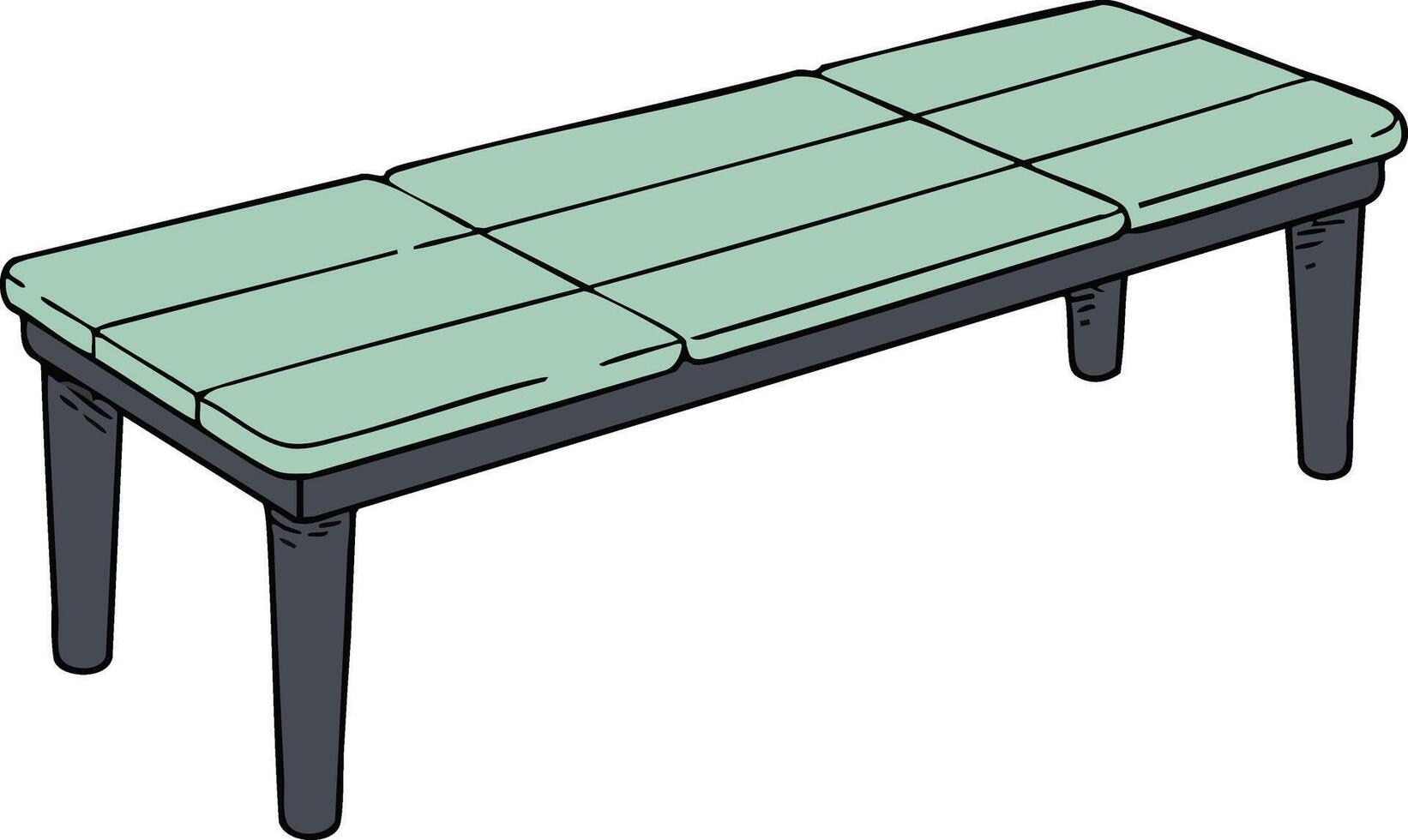 Modern green cushioned bench with black legs simple furniture design flat illustration vector