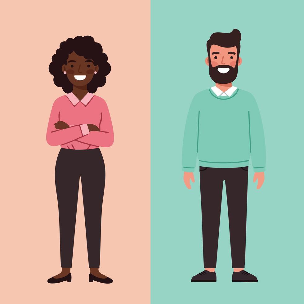 Diverse young man and woman standing confidently in casual clothing with smiling expressions and simple flat design illustration vector