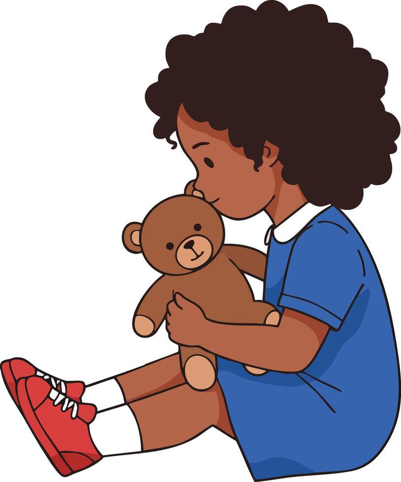 Child with curly hair sitting and hugging teddy bear in blue dress and red shoes illustration vector