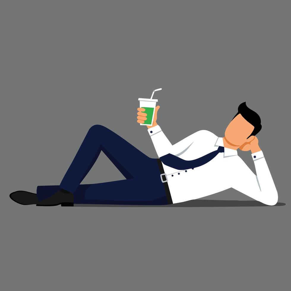 Businessman relaxing in suit lying on floor holding drink glass with straw illustration vector