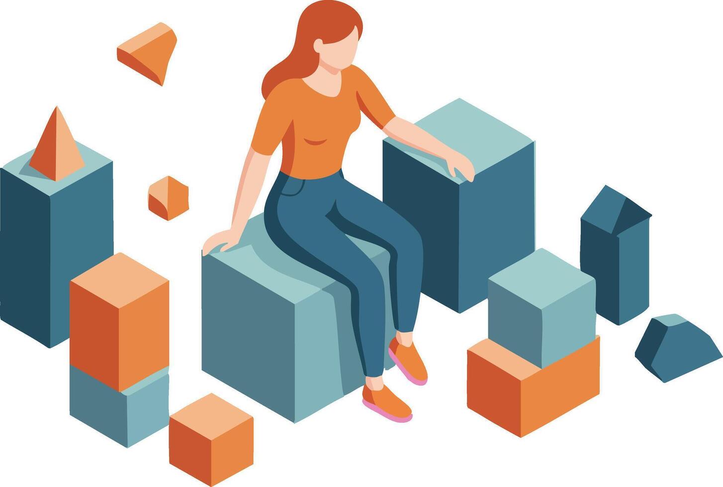 Woman sitting on geometric blocks in orange and blue tones with abstract shapes around in isometric style illustration vector
