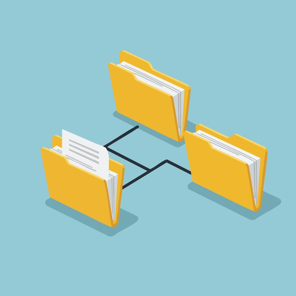 Yellow folder file organization concept with connected document structure on blue background illustration vector