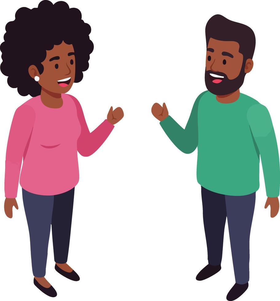 Two people having conversation in casual clothes illustration with diverse characters smiling and gesturing vector