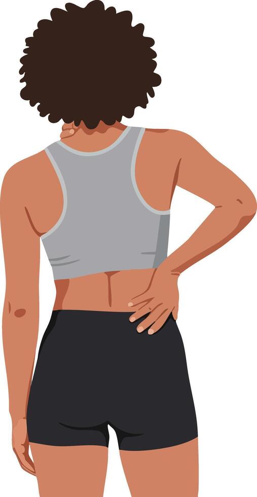 Woman with curly hair in sportswear holding lower back in pain illustration vector