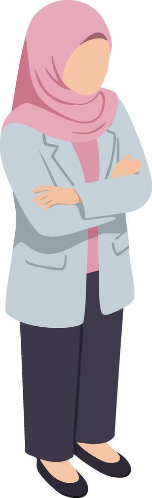Woman standing with crossed arms wearing pink hijab and grey blazer illustration vector