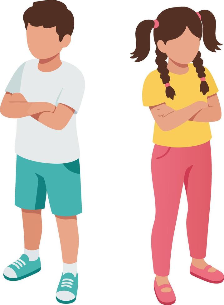 Young boy and girl standing back to back with crossed arms in casual summer clothes illustration vector
