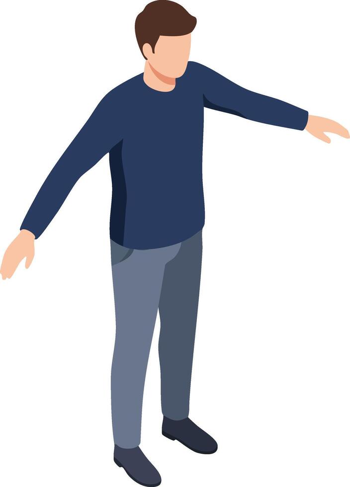 Young man standing with arms slightly extended wearing navy blue top and gray pants in isometric style illustration vector