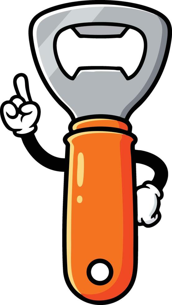 Bottle opener cartoon character with orange handle pointing finger illustration design vector