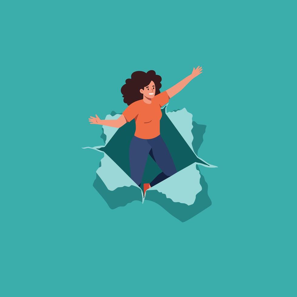 Woman Breaking Through Paper Hole Concept for Freedom or Escape in Turquoise Background Illustration vector