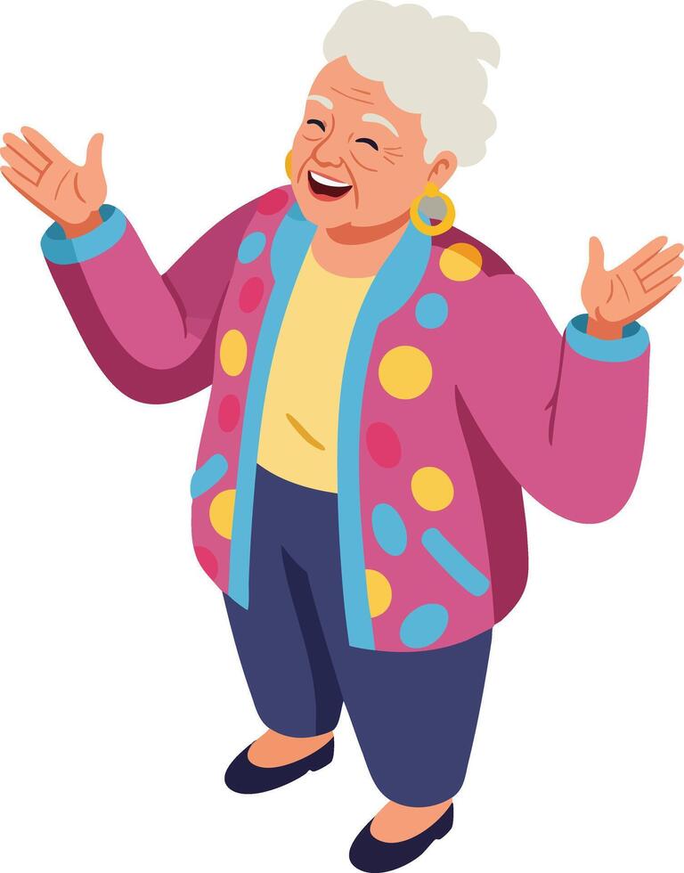 Elderly woman in colorful jacket smiling with open arms happy senior lifestyle illustration vector