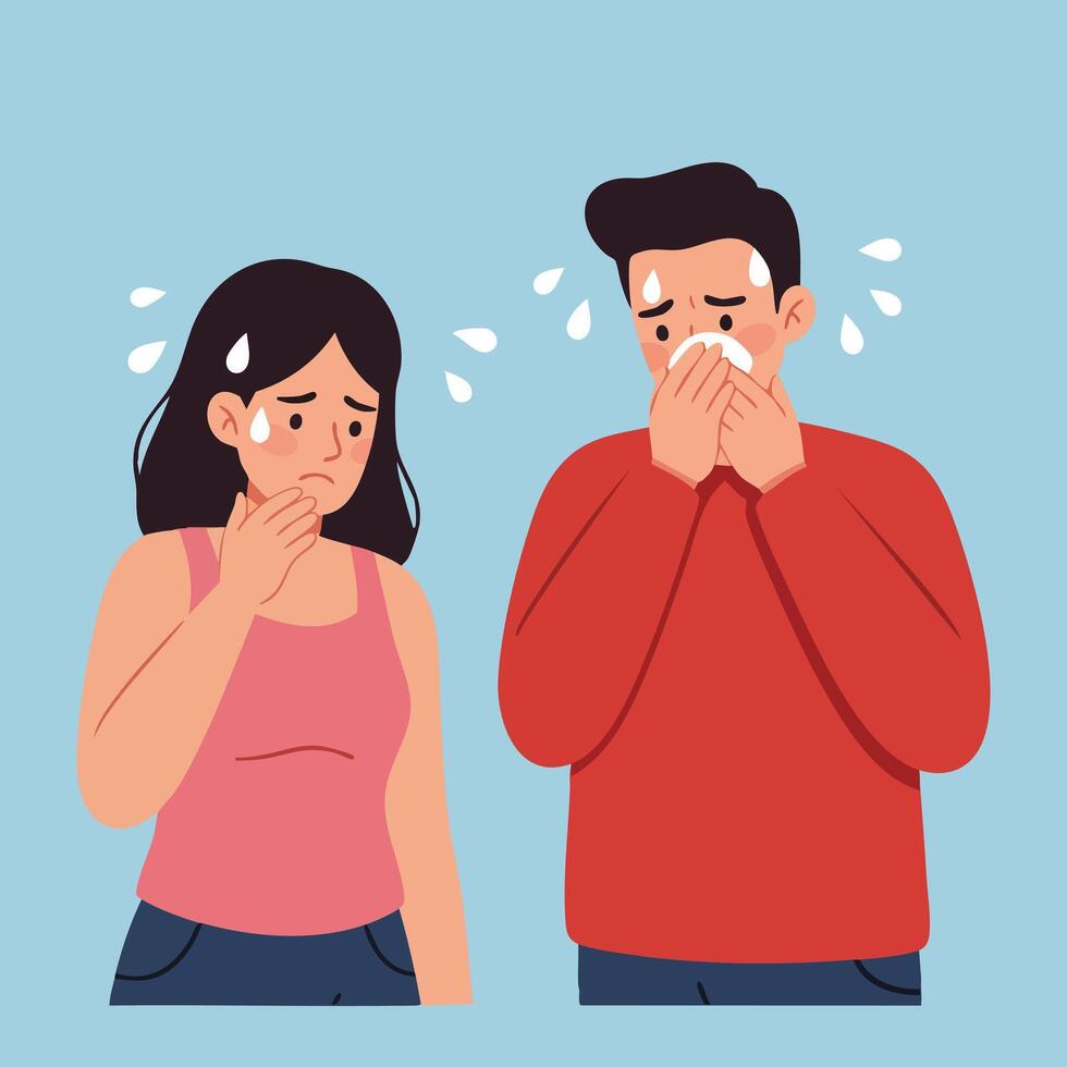 Sick couple with cold symptoms sneezing and sweating feeling unwell health illness illustration vector