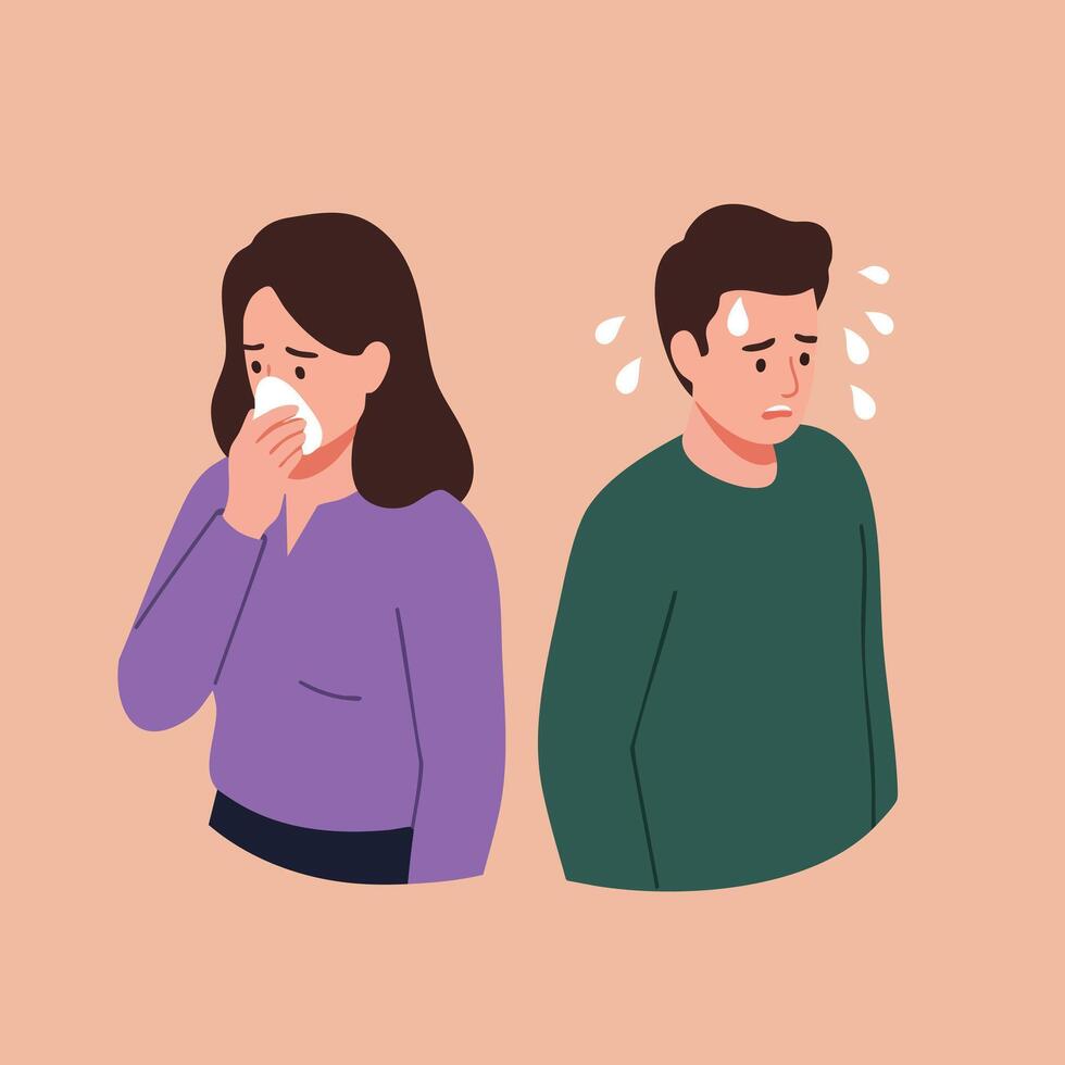 Sick woman sneezing and worried man sweating feeling unwell illustration in casual clothing vector