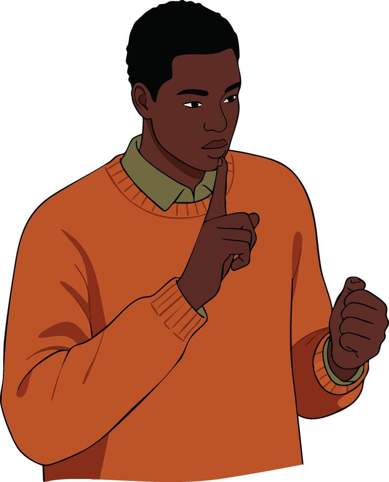 Young man wearing orange sweater making shushing gesture with finger on lips illustration vector