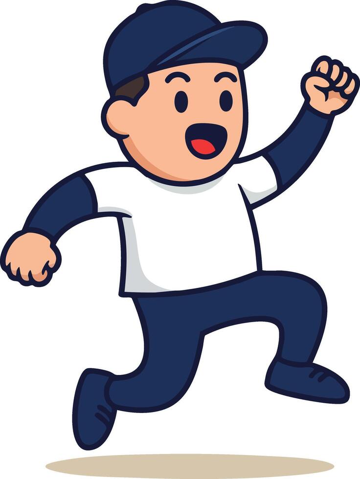 Boy jumping in navy blue cap and clothes expressing excitement and joy illustration vector