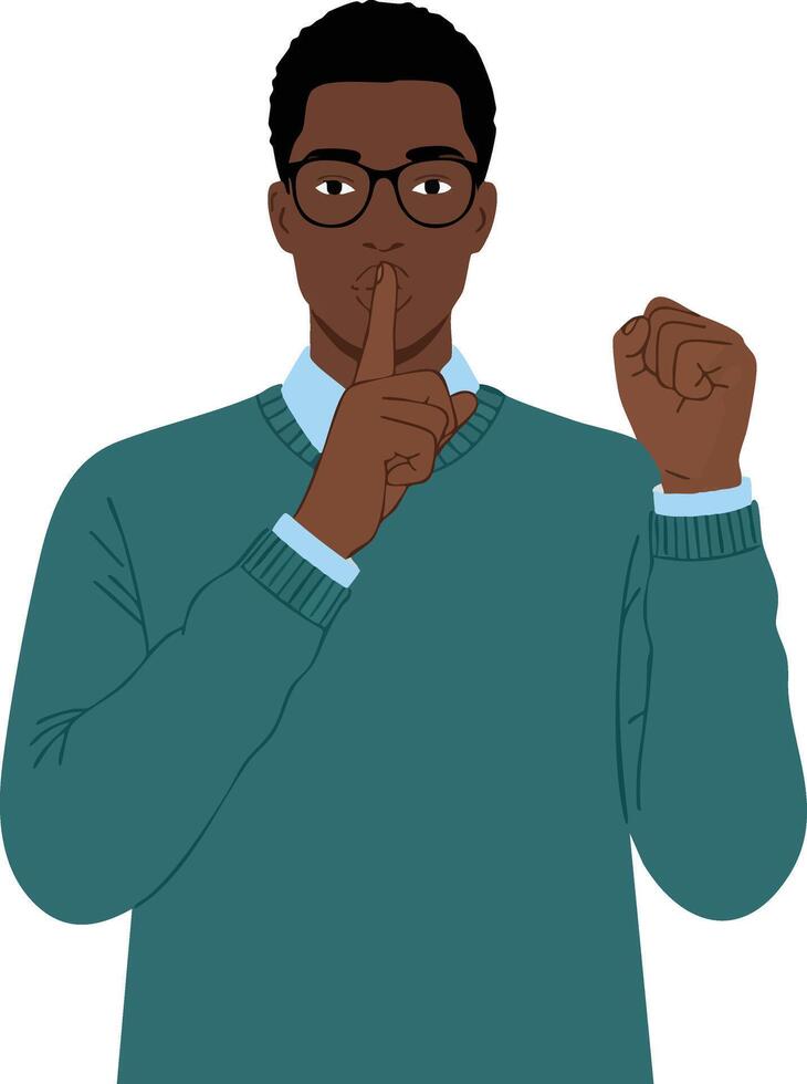 Man Wearing Glasses Making Silence Gesture with Finger on Lips in Teal Sweater Illustration vector