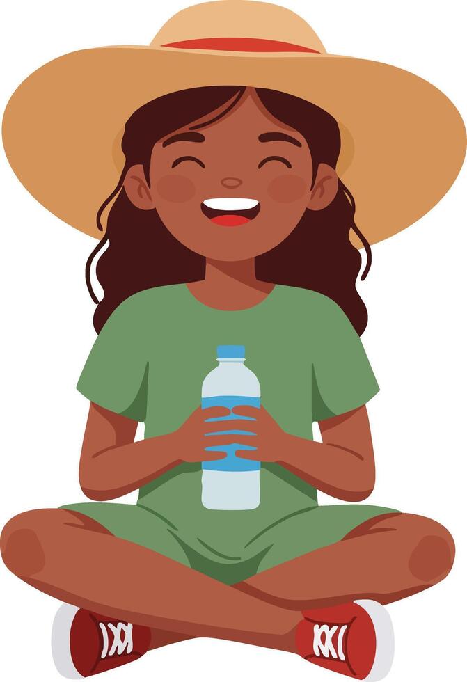 Girl in green dress and straw hat sitting cross legged holding water bottle smiling illustration vector
