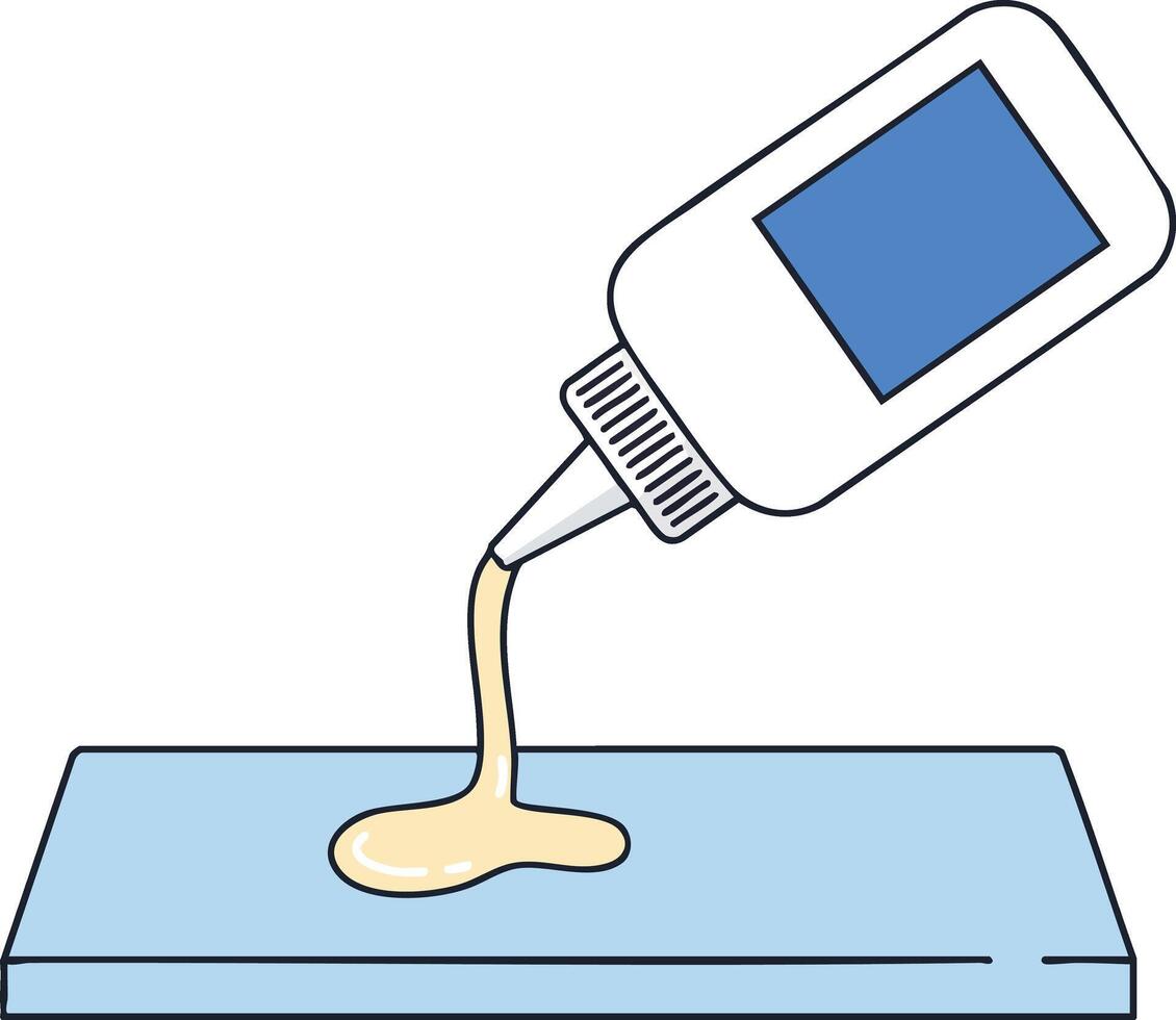 Glue bottle pouring adhesive on blue surface illustration for crafting and repair projects vector