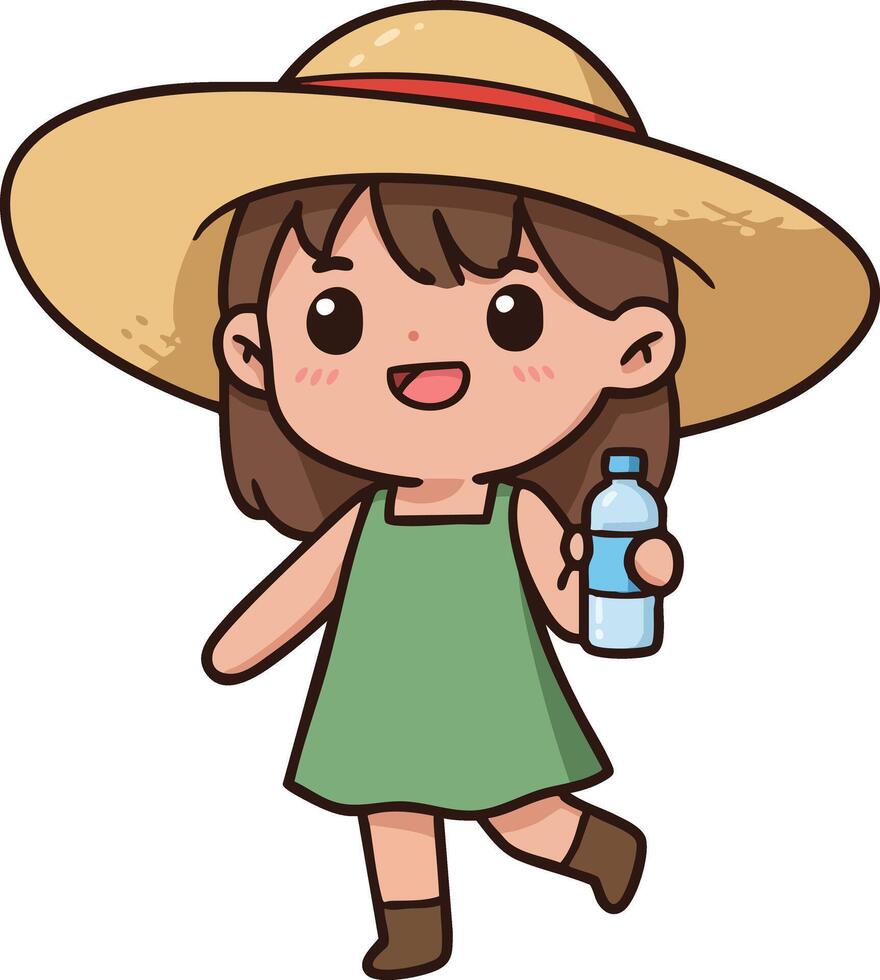 Cute girl in green dress and straw hat holding water bottle illustration with happy expression and walking pose vector