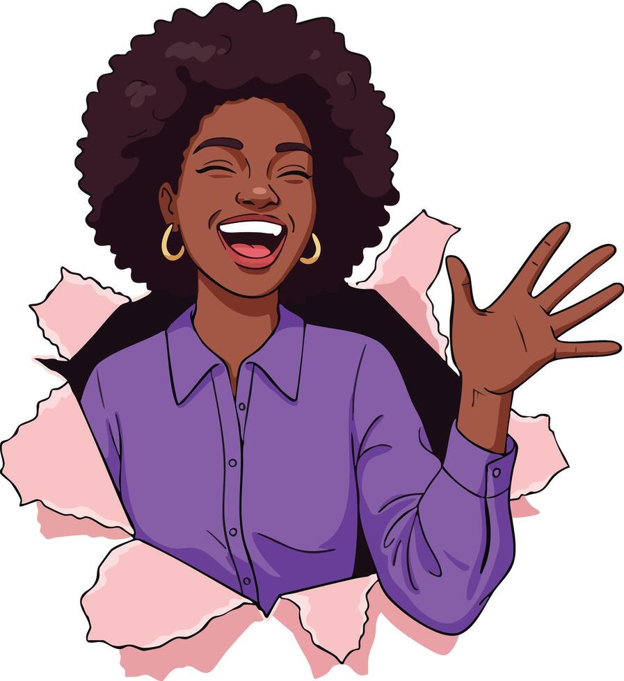 Happy African American woman waving through torn paper in purple shirt smiling cheerful gesture illustration vector