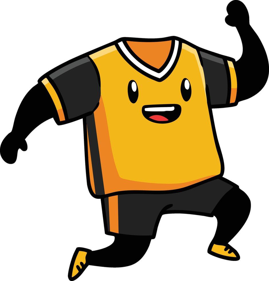 Cartoon happy soccer player in orange jersey celebrating victory with raised fist and smiling face illustration vector