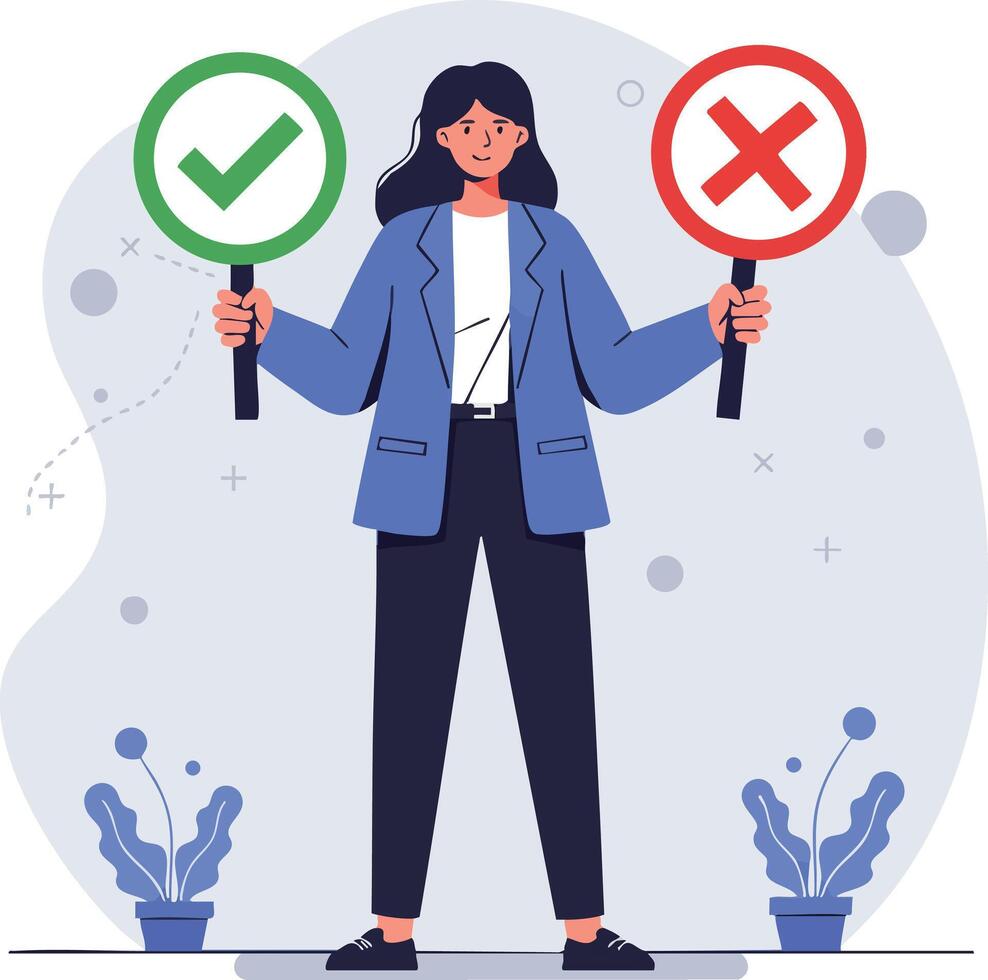 Businesswoman holding signs with check mark and cross symbols for decision making and approval concept vector